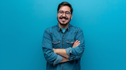 Young hispanic man wearing blue shirt and glasses looking at camera with positive confident smile holding arms crossed isolated on blue background : Generative AI
