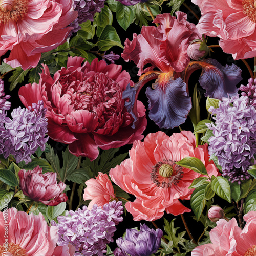 Seamless vector pattern with peony, iris, anemone and lilac flowers isolated on a changeable background. Vintage painting style illustration.