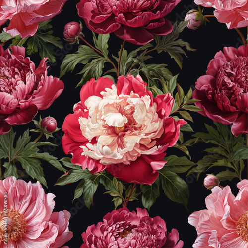 Seamless vector pattern with pink peony flowers isolated on a changeable background.