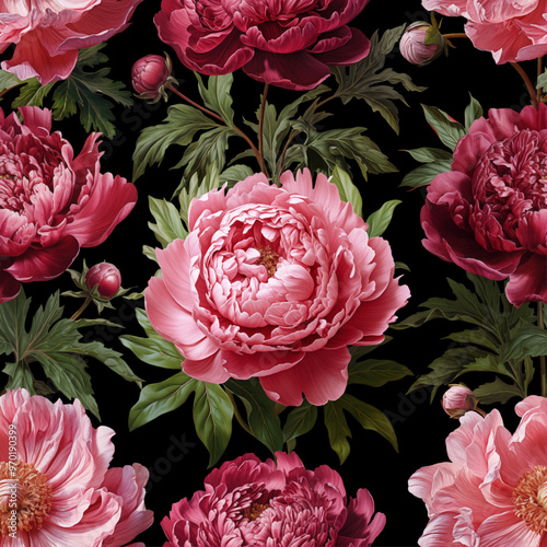 Seamless vector pattern with pink peony flowers isolated on a changeable background.