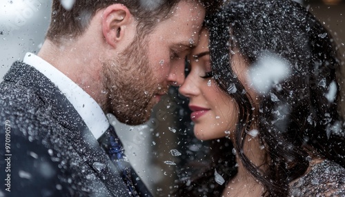 romantic couple embracing in the rain