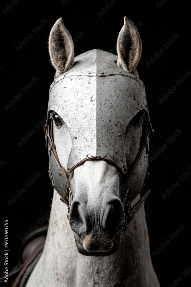 Fototapeta premium Close-up portrait of a white horse wearing a metal helmet