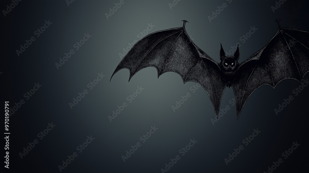 Flying black bat in dark moonlit night sky, Halloween theme, symbolizing spooky atmosphere, nocturnal creatures, and traditional gothic horror elements