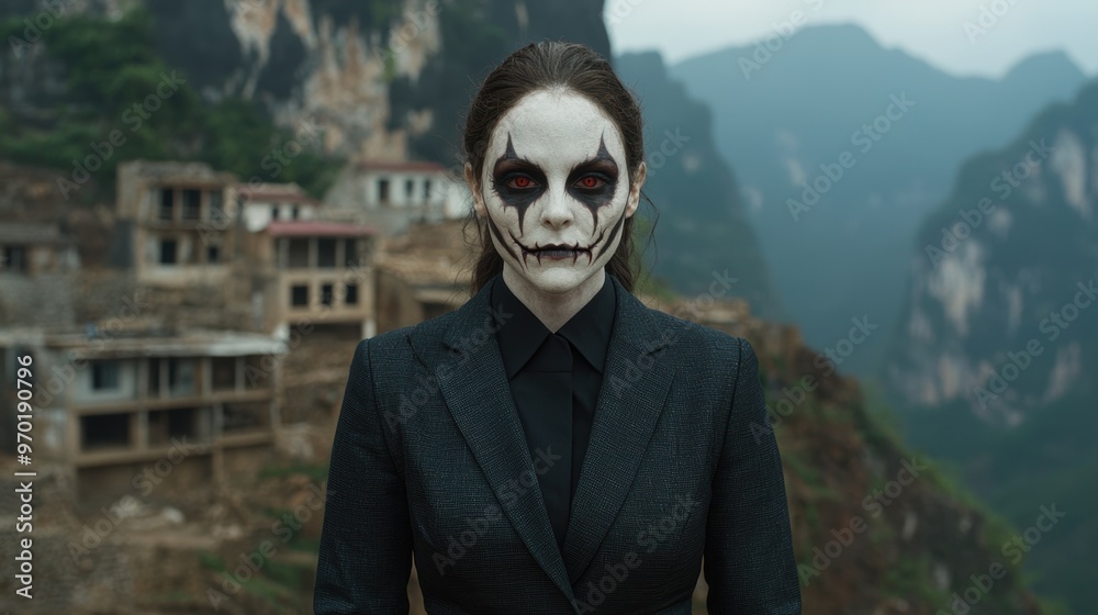 Mysterious figure in dark suit with painted face Mysterious figure in dark suit with painted face