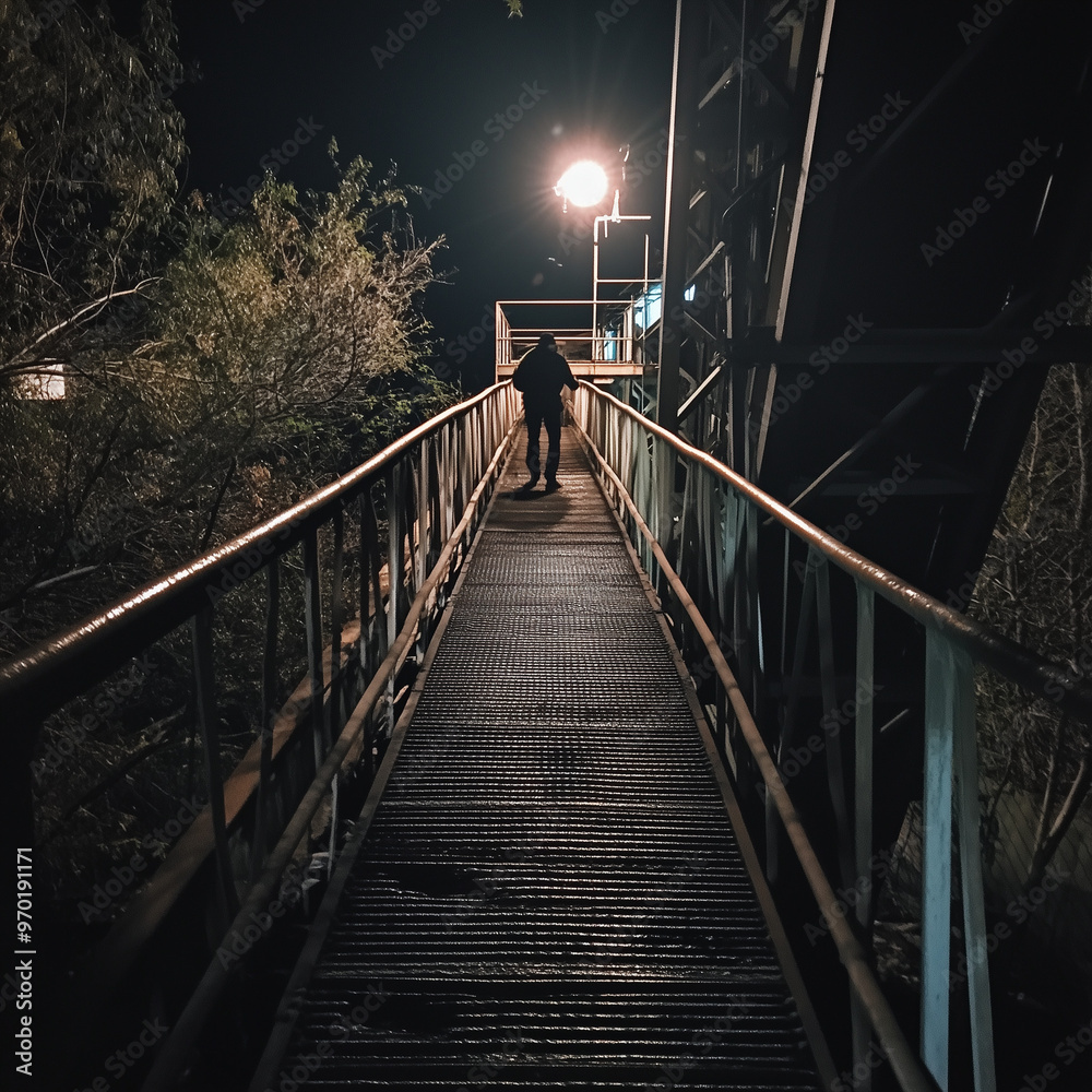 Obraz premium Industrial Elegance: Climbing Steel Stairs on a Bridge at Night
