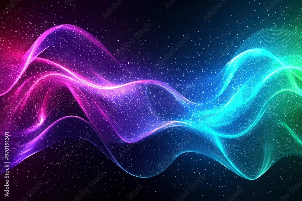Abstract Neon Waves with Glittering Particles on a Dark Background Abstract Neon Waves with Glittering Particles on a Dark Background