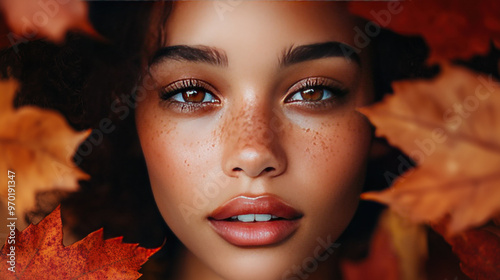beautiful young black woman brunette hair outdoors during autumn surrounded by orange red fall leaves seasonal clothing orange nature beauty lipstick