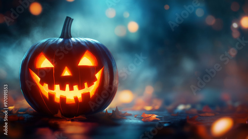 Wallpaper Mural Halloween themed pumpkin with scary lighting face on beautiful background Torontodigital.ca