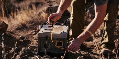 Close-up of a seismologist setting up a seismograph in a remote area, with the equipment photo