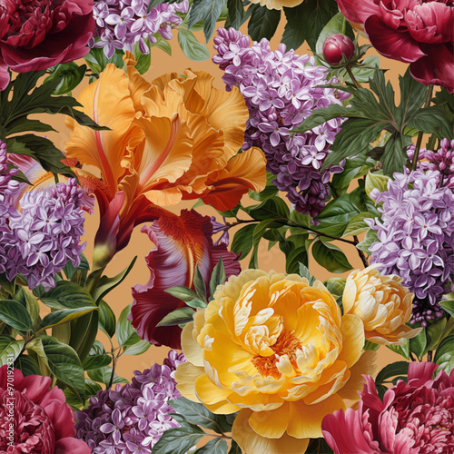 Seamless vector pattern with peony, iris and lilac flowers isolated on a changeable background. Vintage painting style illustration.