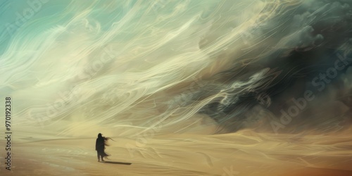 Close-up of a solitary figure standing firm against strong winds in a desert