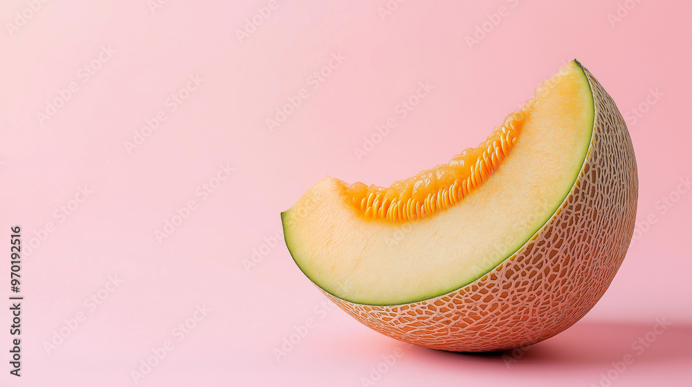 A close up of cantaloupe fruit piece isolated on pink background A close up of cantaloupe fruit piece isolated on pink background