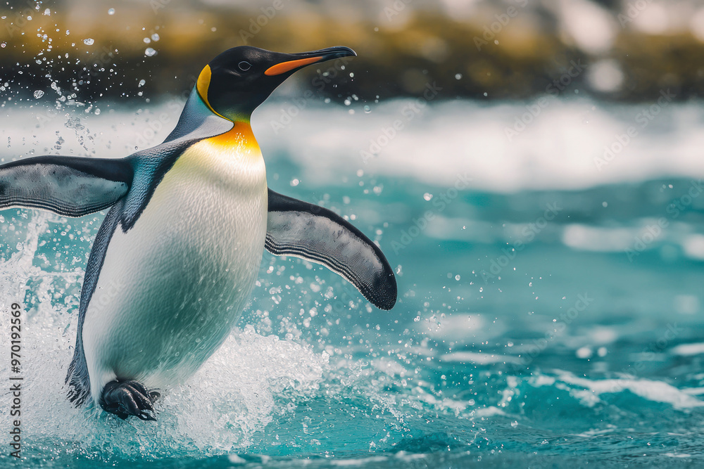 Obraz premium Big King penguin jumps out of the blue water after swimming through the ocean in Falkland Island.