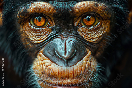 A close up funny chimpanzee portrait.