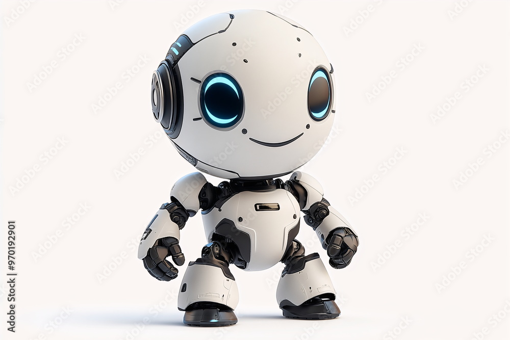 Sleek young AI bot with a smooth metallic body, glowing blue accents, and expressive, bright eyes stands in a futuristic, high-tech environment filled with holographic screens and flowing data Generat Sleek young AI bot with a smooth metallic body, glowing blue accents, and expressive, bright eyes stands in a futuristic, high-tech environment filled with holographic screens and flowing data Generat