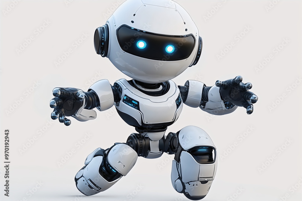Sleek young AI bot with a smooth metallic body, glowing blue accents, and expressive, bright eyes stands in a futuristic, high-tech environment filled with holographic screens and flowing data Generat Sleek young AI bot with a smooth metallic body, glowing blue accents, and expressive, bright eyes stands in a futuristic, high-tech environment filled with holographic screens and flowing data Generat