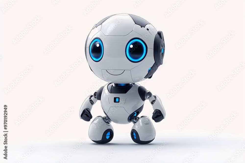 Sleek young AI bot with a smooth metallic body, glowing blue accents, and expressive, bright eyes stands in a futuristic, high-tech environment filled with holographic screens and flowing data Generat Sleek young AI bot with a smooth metallic body, glowing blue accents, and expressive, bright eyes stands in a futuristic, high-tech environment filled with holographic screens and flowing data Generat