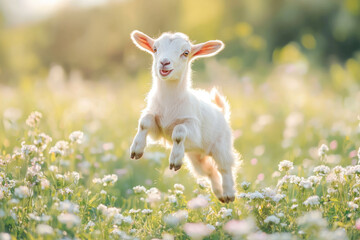 Little funny baby goat jumping in the field with flowers.