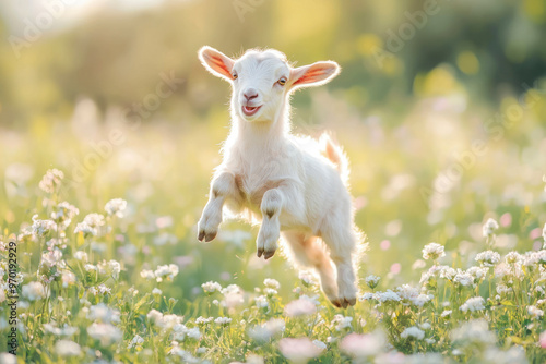 Little funny baby goat jumping in the field with flowers. photo