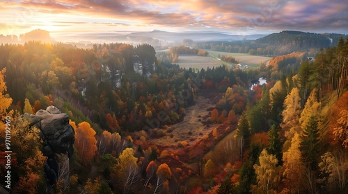 Jetrichovice Czech Republic  Aerial panoramic view of Mariina Vyhlidka Marys view lookout with a beautiful Czech autumn landscape and colorful golden sunset sky in Bohemian Switzerland : Generative AI photo