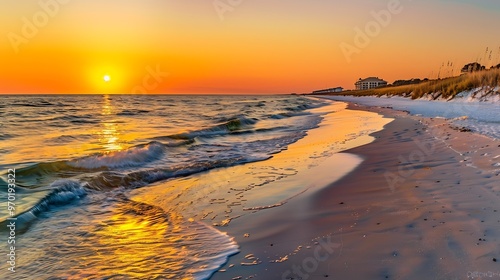 Colorful vibrant orange sunset seascape in Gulf of Mexico in Seaside Santa Rosa Beach Florida panhandle and reflection of sun path on horizon : Generative AI photo