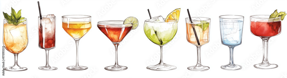 Various cocktails are depicted in different glasses in a clip art style, against a white background. Advertisement for cocktail and lounge bars.Copy space,flat lay.Trendy social mockup or wallpaper Various cocktails are depicted in different glasses in a clip art style, against a white background. Advertisement for cocktail and lounge bars.Copy space,flat lay.Trendy social mockup or wallpaper
