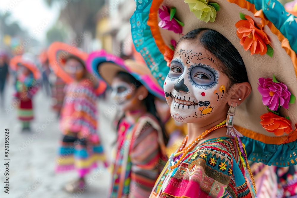 Mexican Girls Joyfully Celebrating Day of the Dead with Colorful Skull Makeup and Traditional Costumes on Street Parade Mexican Girls Joyfully Celebrating Day of the Dead with Colorful Skull Makeup and Traditional Costumes on Street Parade