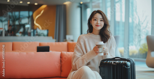 A Korean woman in her early to mid 20s is sitting comfortably in modern lounge, holding coffee cup and smiling warmly. She is dressed in cozy sweater, with suitcase beside her, exuding sense of relaxa photo