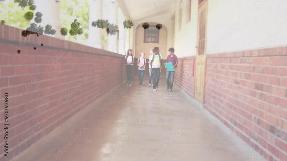 Animation of black stains over diverse schoolchildren walking at school Animation of black stains over diverse schoolchildren walking at school