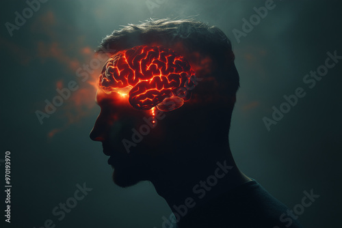 A mans head is illuminated by red glow of brain, symbolizing deep thought and creativity. striking visual evokes sense of intrigue and exploration of minds potential