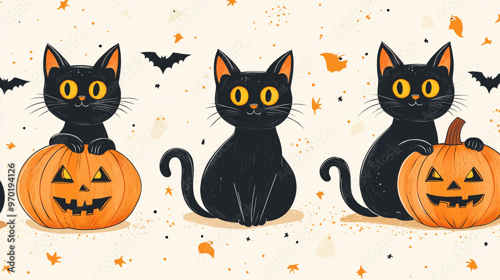 Black cats and pumpkins. The pumpkins are orange and yellow, and the cats are black with yellow eyes. The pattern for Halloween Black cats and pumpkins. The pumpkins are orange and yellow, and the cats are black with yellow eyes. The pattern for Halloween