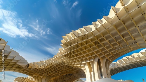 Contemporary symmetrical metropol parasol structure under sunny sky of seville in spain : Generative AI photo