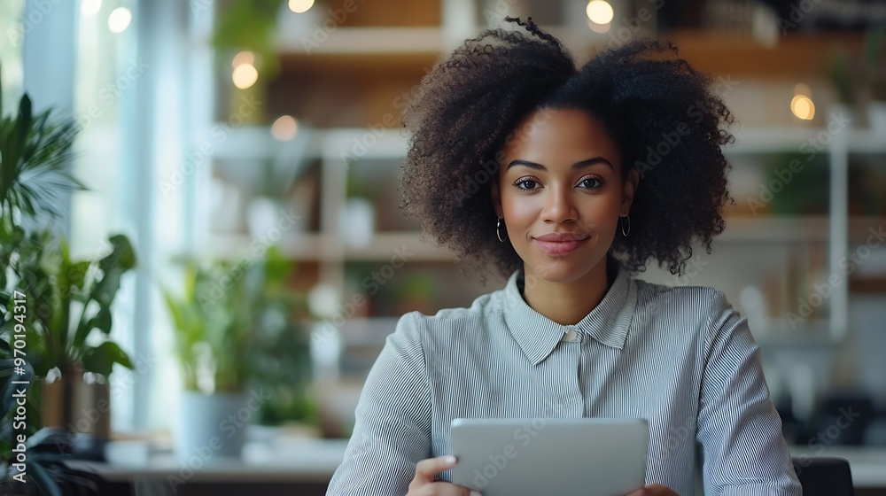 Happy female entrepreneur using touchpad while working in the office and looking at camera Copy space : Generative AI Happy female entrepreneur using touchpad while working in the office and looking at camera Copy space : Generative AI