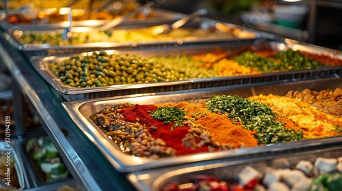 Homemade Foods Served in Big Trays at Restaurant for Sale Traditional turkish food Turkish name Esnaf Lokantasi : Generative AI photo