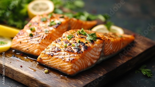 Grilled salmon fish fillet with lemon and strimps Sea food dishes assorty Healthy concept Top view copy space : Generative AI photo