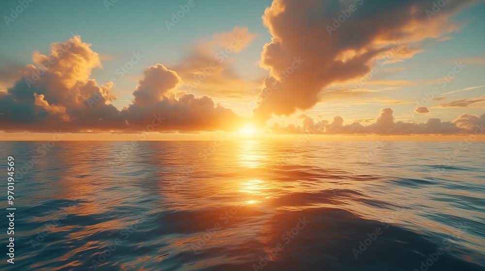 Obraz premium Sunset Sky clouds over sea in the Evening with Orange Yellow Gold sunlight in Golden hour and Dramatic fluffy Horizon sea Summer sky landscape Dusk sky background : Generative AI