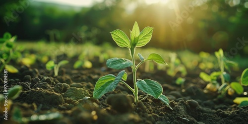 Sprouting Soybean Plant on a Farm Agriculture Landscape