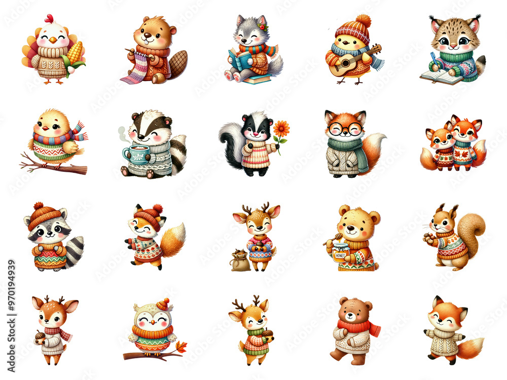 Obraz premium A collection of adorable woodland animals dressed in colorful fall sweaters, celebrating autumn with cozy vibes and warm tones.