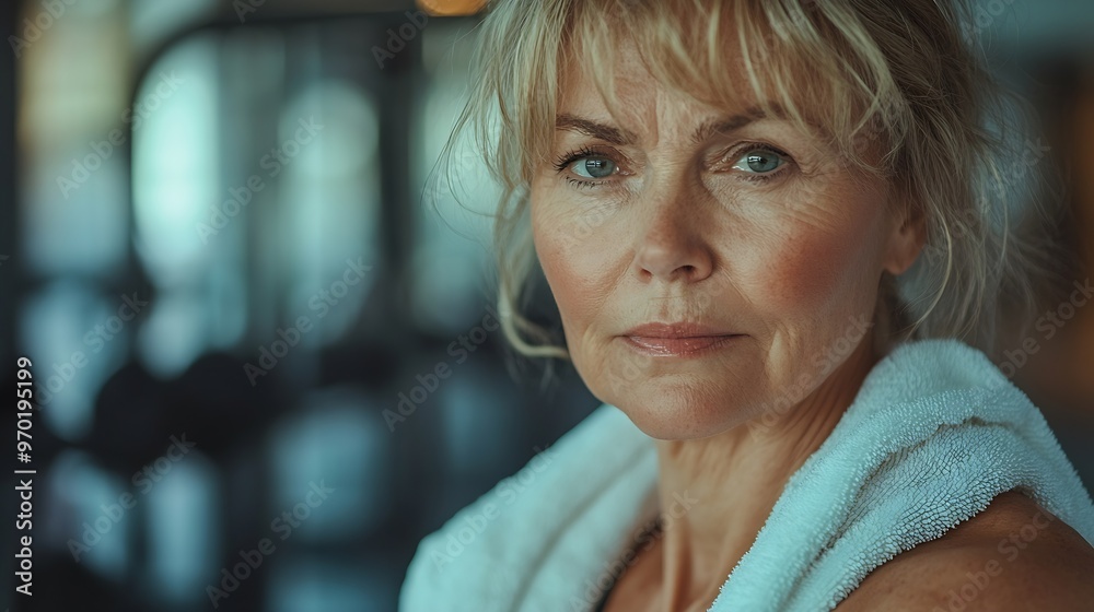 Determined senior woman with towel working out in gym : Generative AI Determined senior woman with towel working out in gym : Generative AI