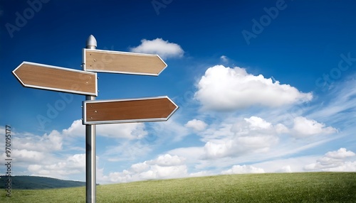 Blank Direction Signs. Blank Directional Signs Against a Blue Sky – Multiple empty signs pointing in various directions, ideal for guidance or choice concepts.