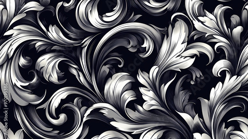 Seamless pattern with baroque renaissance monogram floral ornament, leaf scroll engraving retro floral pattern decorative design filigree calligraphic heraldic branch. Baroque. Illustration photo