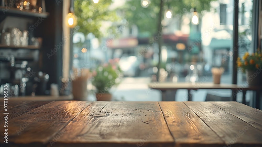 Empty old wood table top and blurred bokeh cafe and coffee shop interior background with vintage filter : Generative AI Empty old wood table top and blurred bokeh cafe and coffee shop interior background with vintage filter : Generative AI