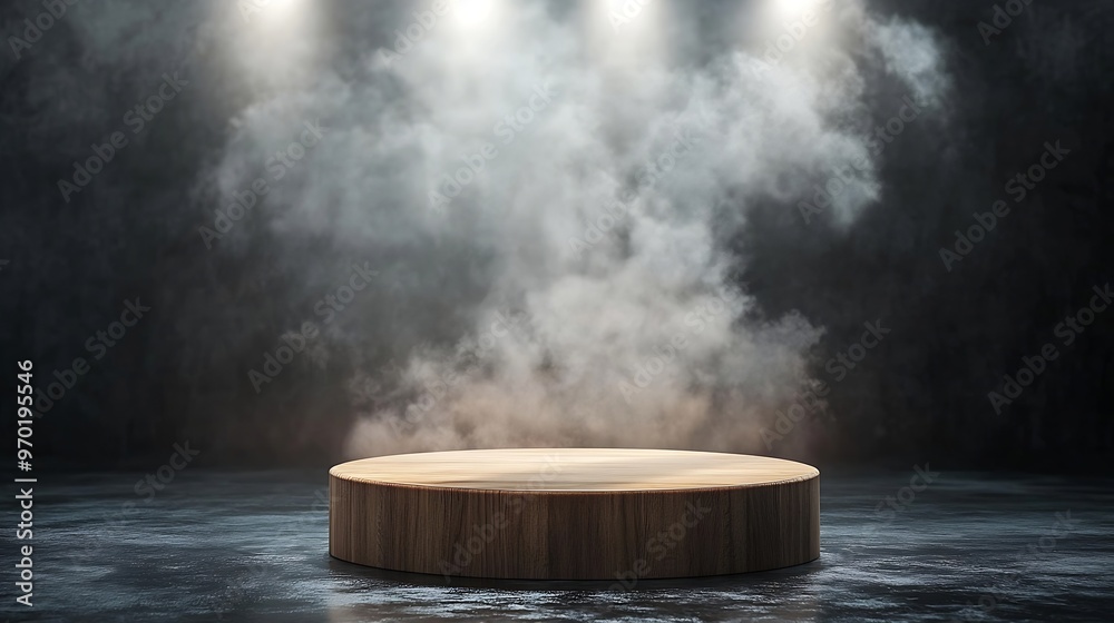 The empty wooden cylinder shape of product display Podium Stand for showing or design blank backdrop dark abstract wall with smoke float up Platform illuminated by spotlights : Generative AI The empty wooden cylinder shape of product display Podium Stand for showing or design blank backdrop dark abstract wall with smoke float up Platform illuminated by spotlights : Generative AI