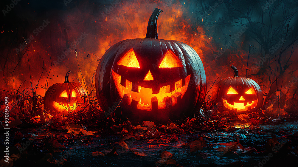 Naklejka premium Halloween Jack O Lanterns in Spooky Forest with Smoke and Fire