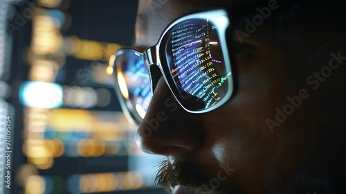 Closeup portrait of focused software engineer wearing eyeglasses looking at computer screen working with big data Programming code reflecting in glasses Data science Machine Learning A : Generative AI photo