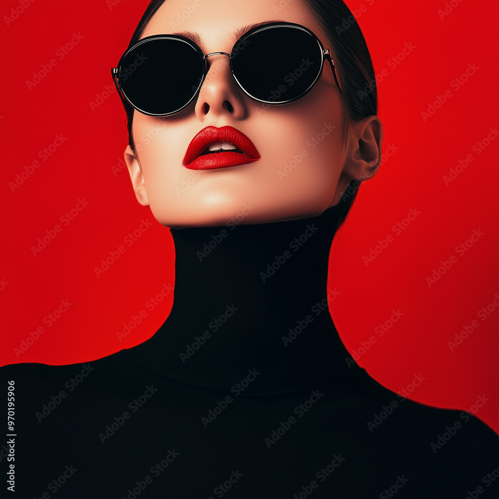 The fashion photograph features a model in black posing against a red background, creating a strong impression on viewers.Copy space The fashion photograph features a model in black posing against a red background, creating a strong impression on viewers.Copy space
