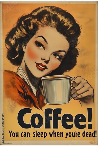 A vintage poster of a woman holding a coffee cup with the text 'Coffee! You can sleep when you're dead!' on it.