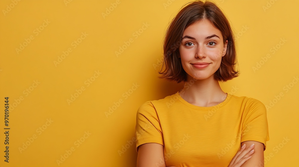 Photo of impressed woman with bob hairdo dressed tshirt look at discount empty space arms crossed isolated on yellow color background : Generative AI Photo of impressed woman with bob hairdo dressed tshirt look at discount empty space arms crossed isolated on yellow color background : Generative AI