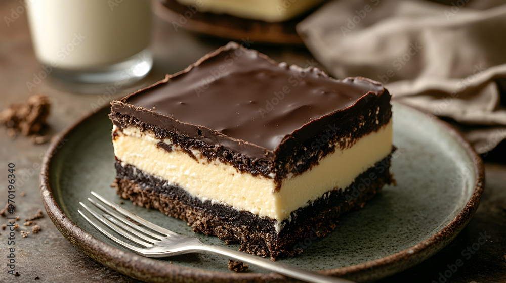 A decadent Nanaimo bar with layers of chocolate, custard, and coconut, placed on a ceramic dish with a fork and a glass of milk nearby A decadent Nanaimo bar with layers of chocolate, custard, and coconut, placed on a ceramic dish with a fork and a glass of milk nearby