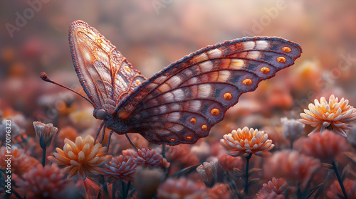 A 3D render of a large and graceful crochet butterfly with intricate patterns and a variety of colors. The butterfly is perched on a crochet flower